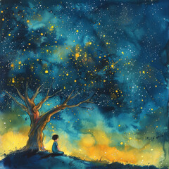 A little boy sits under the tree, gazing up at the starry sky with stars twinkling in the night sky