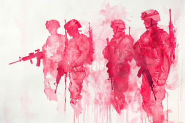 Red digital painting of soldier in military uniform, arm forces