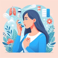 The woman uses an asthma inhaler against an allergic attack. World Asthma Day. Allergy, asthmatic. Inhalation medicine. Bronchial asthma. Vector flat concept illustration created with generative ai