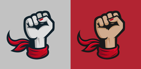 Female Raised Fist with Red Kerchief Scarf Cloth, vector illustration