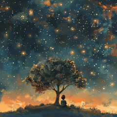 A little boy sits under the tree, gazing up at the starry sky with stars twinkling in the night sky - obrazy, fototapety, plakaty