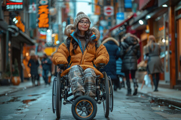 A model with a visible disability, wearing a stylish outfit that is both fashionable and functional