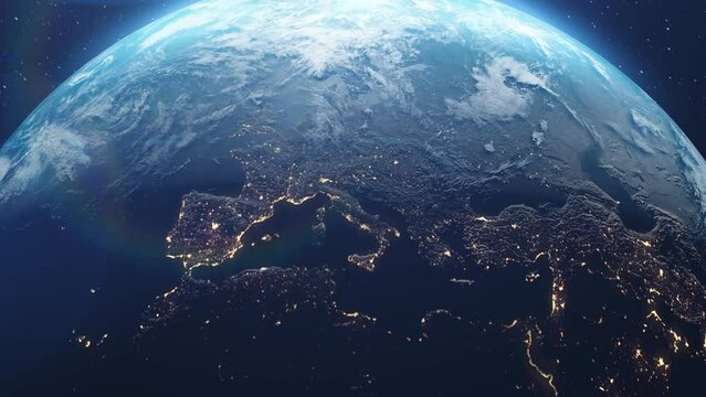 Nightly Earth planet in outer space. City lights and night countries from galaxy. Life of people. Solar system element. Communication technology for internet business worldwide. Global network concept