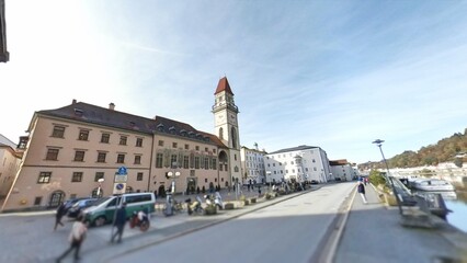 Germany Passau city hall tower along Rhine river and Danube river
