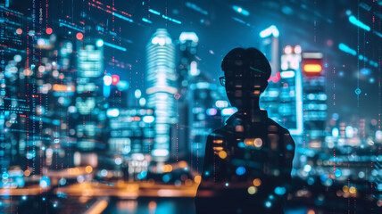 Silhouette of a man against a backdrop of a digital data cityscape. Conceptual image representing the interconnectedness of humans and technology.