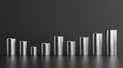 modern minimalist wallpaper silver cylinders in a row on plain black background, business background or website homepage banner 