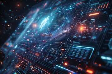 Obraz premium Holographic user interfaces floating in space, futuristic technology theme, starry background ,3DCG,clean sharp focus