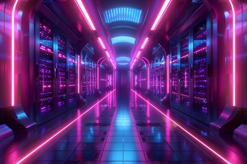 Obraz premium Futuristic server room, neon lights, digital data streams flowing, abstract background ,ultra HD,clean sharp,high resulution