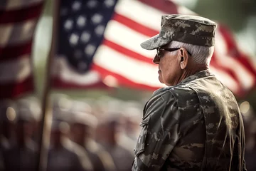 Tuinposter Military veteran of U.S. Army saluting American flag on Veterans Day AI Generation © ungvar