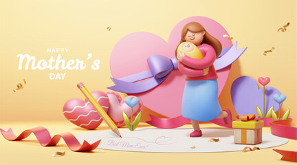 3D Adorable Mothers Day card. Mother holding baby with heart shape decors on beige background.