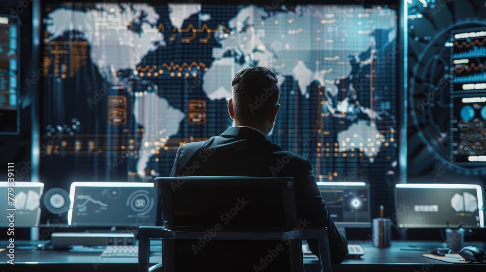 Poster a man is sitting in front of a computer monitor with a map of the world on it. he is wearing a suit 