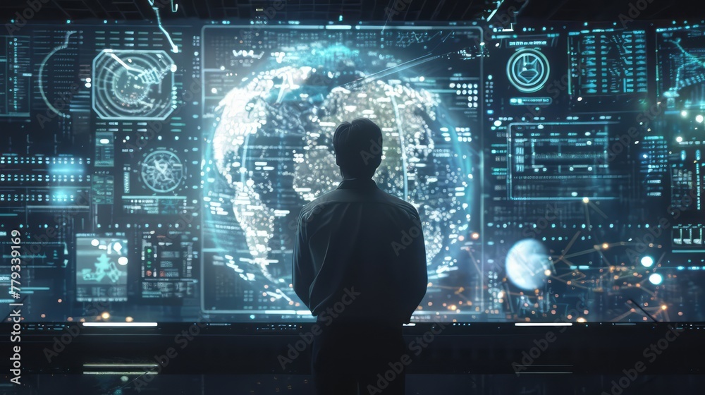 Poster a man is looking at a computer monitor that shows a globe. concept of curiosity and wonder as the ma