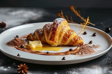 Croissant and butter in plate