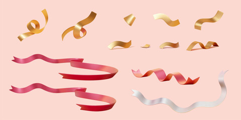 3D golden, red, and white color party ribbon elements isolated on light pink background