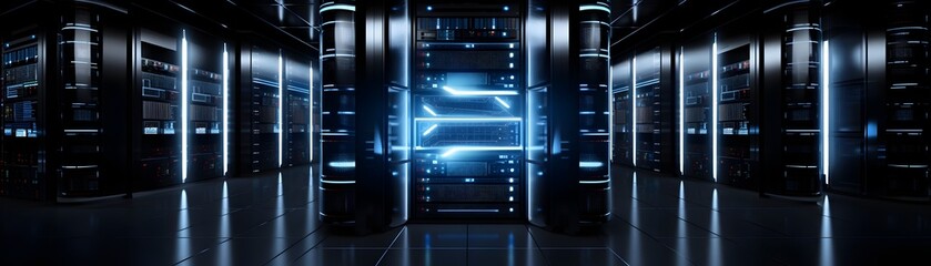 Obraz premium Futuristic Cyber Security Network Management in a Modern Data Center Showcasing Advanced Technology and Connectivity