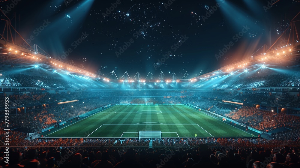 Wall mural football stadium with fans and green grass field at night time, illuminated by bright lights. the st