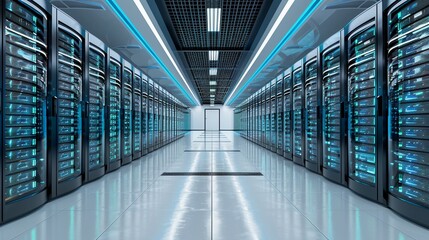 modern data center with rows of server machines in the background. White floor, black ceiling. Blue and green color palette. High resolution. very detailed