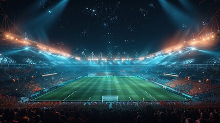 football stadium with fans and green grass field at night time, illuminated by bright lights. The stands filled with cheering crowd under starry sky - obrazy, fototapety, plakaty