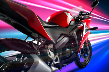 full rear body view of red sports type motorbike with fuel injection system, 250 cc engine, - obrazy, fototapety, plakaty