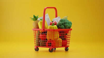shopping basket full with groceries and big grocery receipt on yellow background, detailed illustration, professional color grading