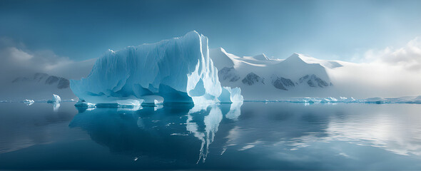 Antarctic sea iceberg floating for climate change and environmental conservation and ice melting and sea level due to ozone layer danger, wide banner poster with copy space 
