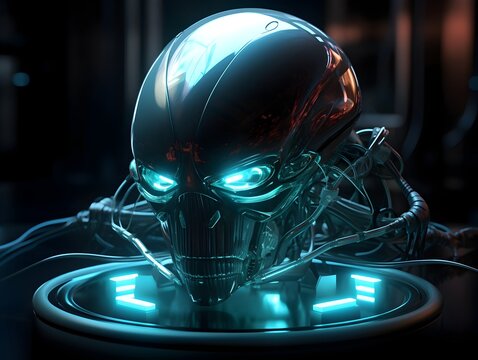 Cybernetic Extraterrestrial Experiment in Futuristic Science Lab with Wired Cyborg and Glowing Vacuum Tubes
