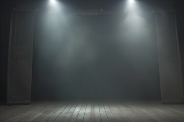 Dramatic Theatrical Stage Beam with Spotlights and Lighting Illuminating a Dark and Mysterious Cinematic Studio Scene - obrazy, fototapety, plakaty