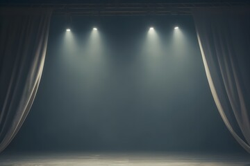 Dramatic Lighting and Beams on Empty Theater Stage with Curtain - obrazy, fototapety, plakaty