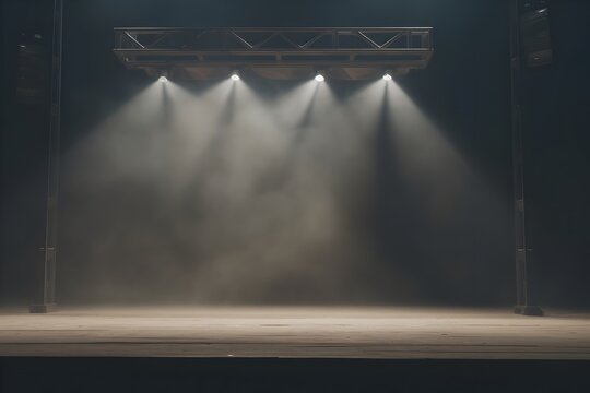 Dramatic Illumination of Theatrical Stage with Beams of Light and Smoke in a Dark Studio Setting