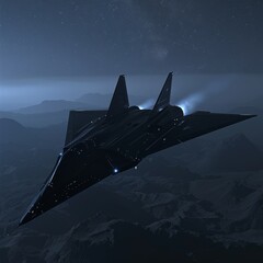 Stealth jet over rugged terrain at night emphasizing stealth technology and strategic air operations