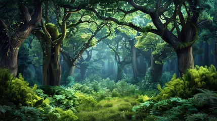 Foto op Canvas Illustration of a green forest view in spring © MochRibut