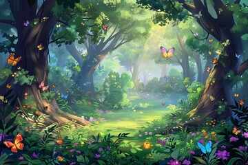 Enchanted forest with anime-style monarch butterflies, a fantastic realm of nature.