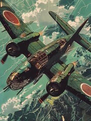 Retro comic depiction of a Japanese bomber over WWII landscapes, vintage military aviation art.