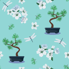 Seamless vector illustration with blossom cherry, bonsai and dragonflies - obrazy, fototapety, plakaty