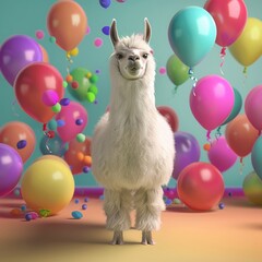 Graces llama, adoption day celebration, colorful balloons, festive atmosphere, family and friends , 3D render