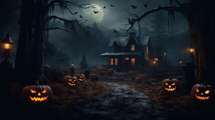 A creepy house with pumpkins in front of it, Generative AI - obrazy, fototapety, plakaty