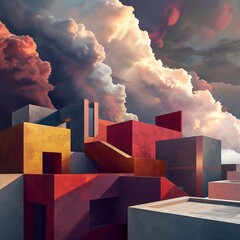Thunderstorm, cubist landscape, permanent dwellings as geometric abstractions, stormy sky, vivid palette , 3D render