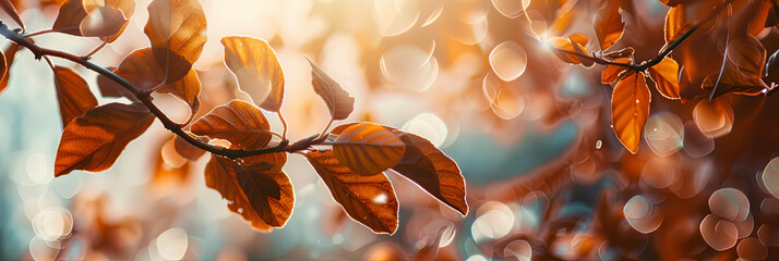 autumn background with orange leaves on a blurred bokeh light nature backdrop, generative AI