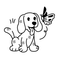 Butterfly playing with cute dog, doodle style icon 