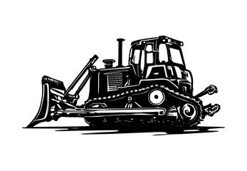 black silhouette of bulldozer, isolated background