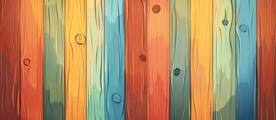 A vibrant cartoon illustration of a wooden fence featuring a variety of tints and shades, creating a beautiful pattern with a magenta door in a rectangle fixture - obrazy, fototapety, plakaty