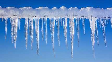 Sunlight reflecting on sharp icicles hanging with a clear blue sky in the background.