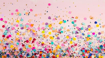 Vibrant confetti pieces scattered with dynamic energy on a pastel pink background.