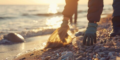 Volunteer picking up trash on a pebbly beach at sunset, focusing on environmental care.