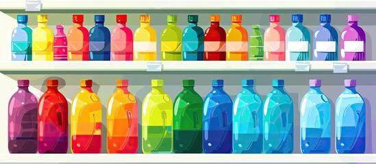 There is a variety of colored bottles, including glass and plastic, filled with different liquids on the shelves