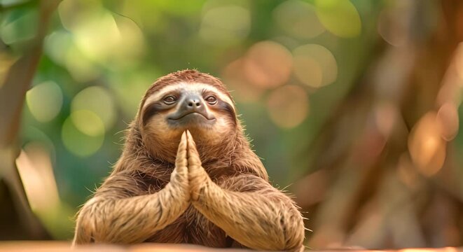 A sloth yoga instructor, in a pose, encouraging slow and steady movements,