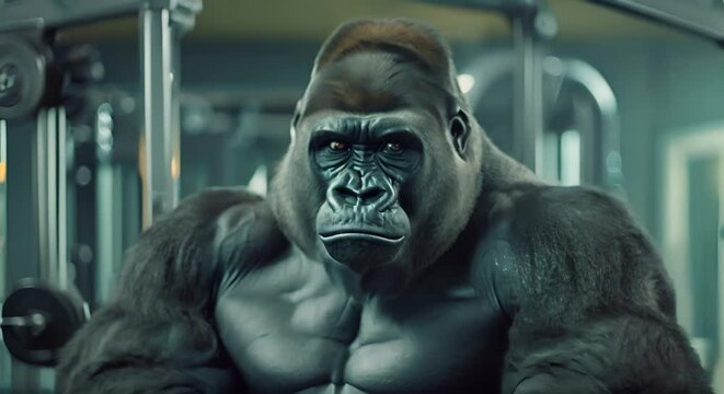 A gorilla personal trainer, encouraging workouts at the gym,