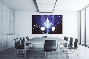 Social network icons concept on presentation tv screen in a modern meeting room. Marketing and promotion concept. 3D Rendering