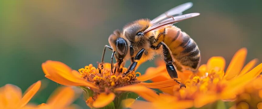 A bee pollenating a bright flower, life's essential dance,