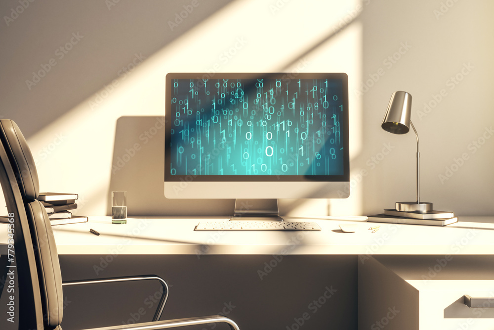 Aufkleber Creative abstract binary code hologram on modern computer monitor, AI and machine learning concept. 3D Rendering